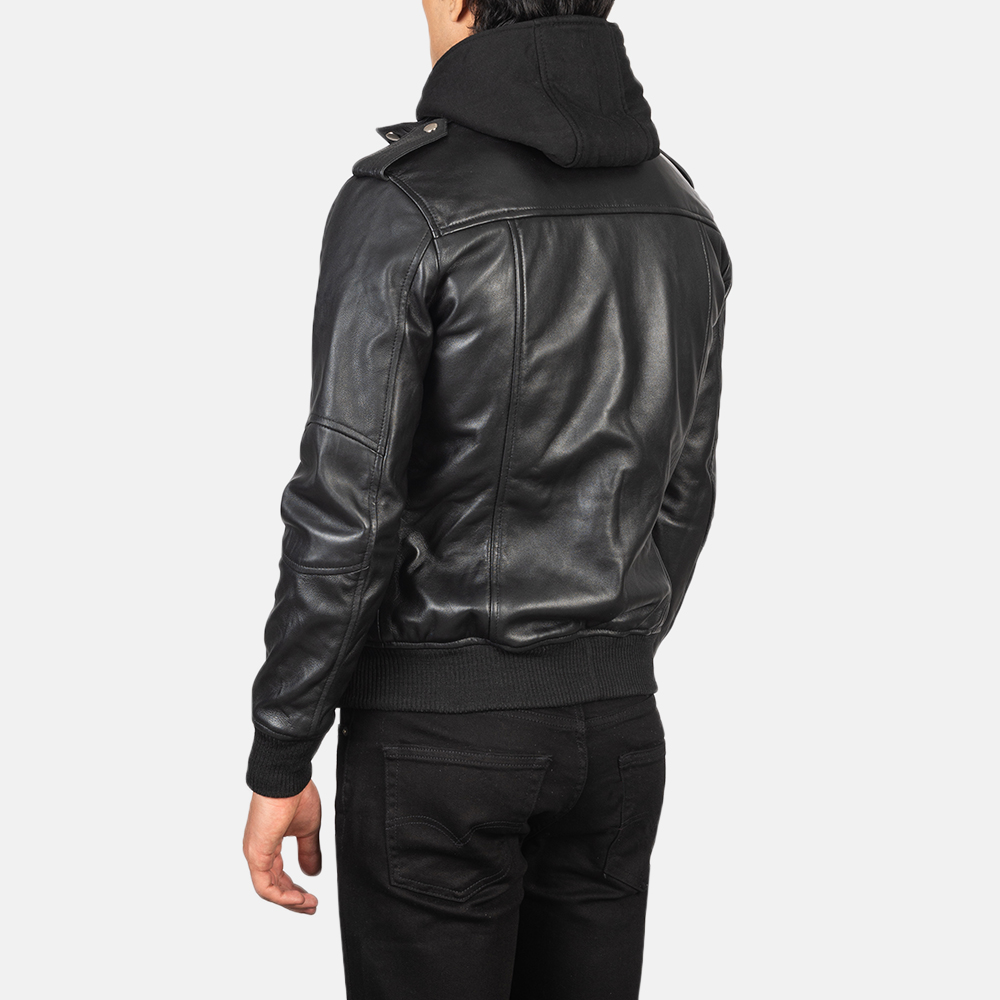 Bravado Black Hooded Leather Bomber Jacket - Image 2
