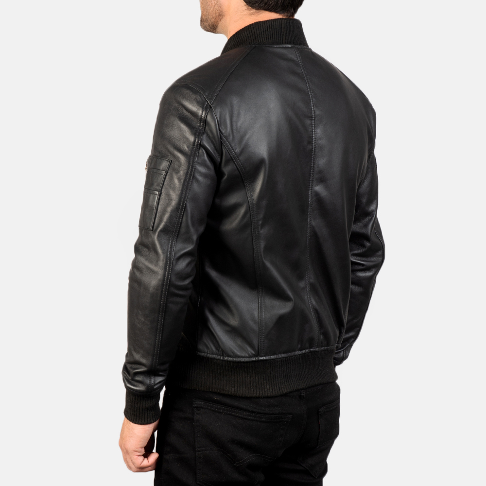 Black Leather Bomber Jacket - Image 2