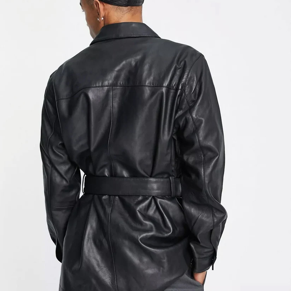 Mens belted black leather shirt - Image 2